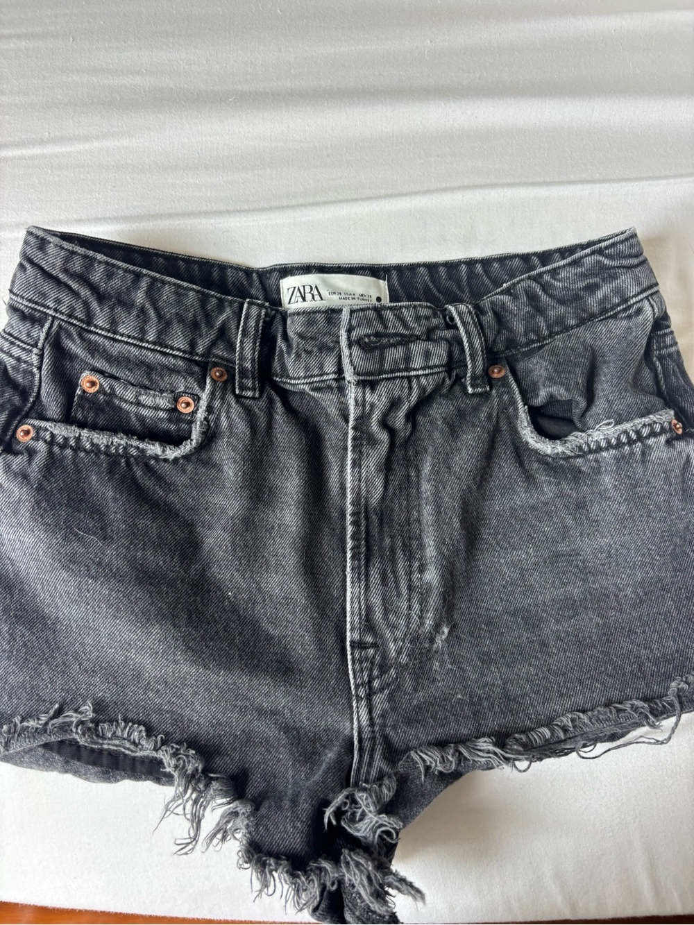 ZARA Washed Black High-Waist Distressed Denim Shorts